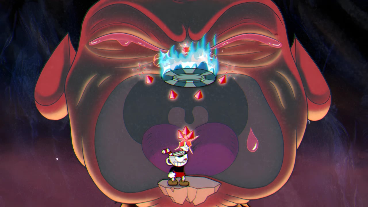 Cuphead attacking The Devil boss weak point in a high-refresh-rate 2D platformer gameplay scene for PC and consoles.