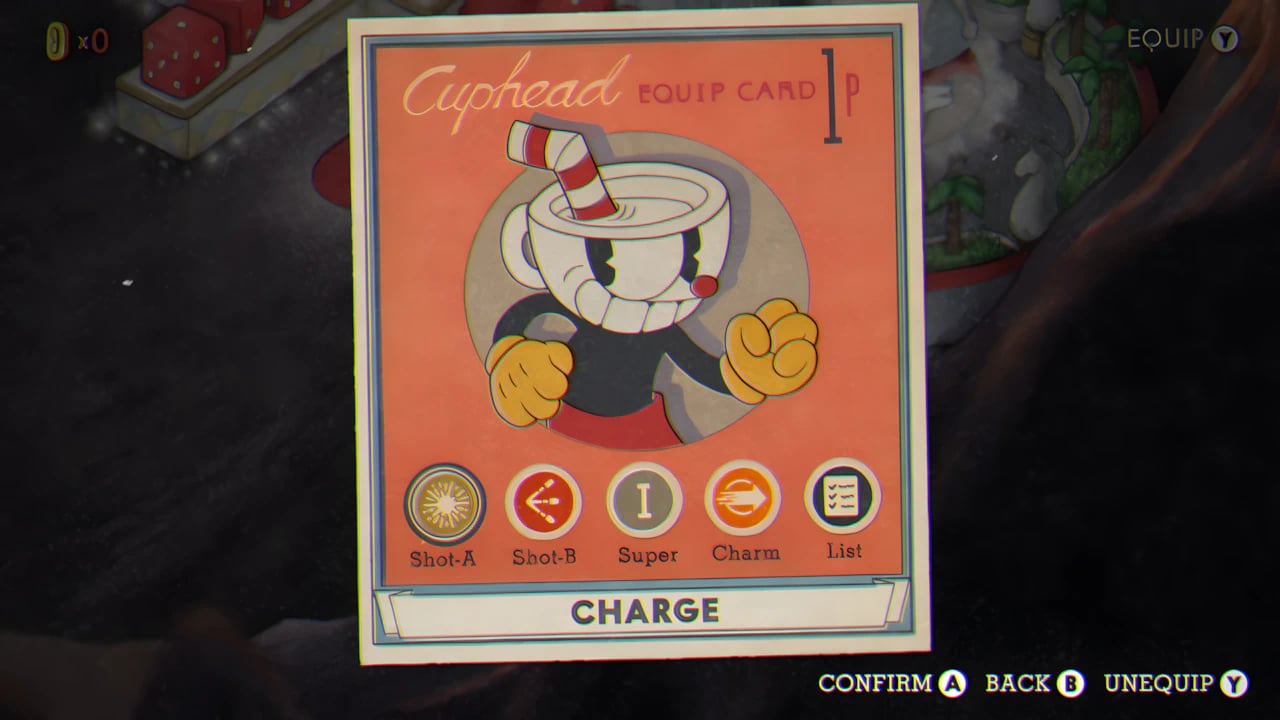 Cuphead Charge Shot equip card menu for The Devil boss fight strategy guide on Games Catalogue.