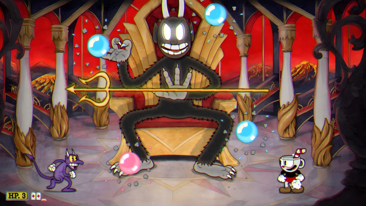 Cuphead boss fight gameplay featuring The Devil's bubble attack in high-definition hand-drawn animation style.
