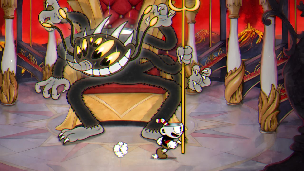 Cuphead boss fight against The Devil's multi-eyed form showing 2D action and 1930s hand-drawn animation style.