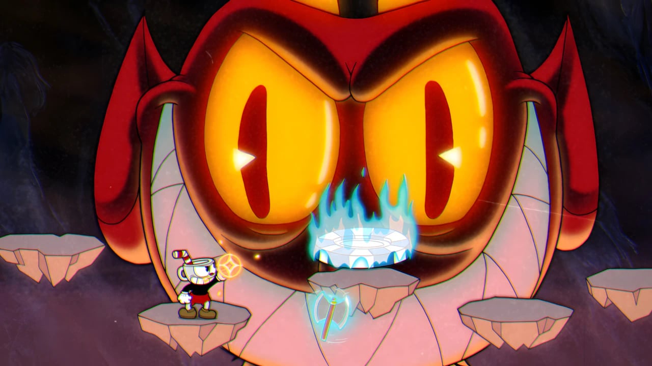 Cuphead battling The Devil in the final platform phase boss fight, featuring 1930s hand-drawn animation style.