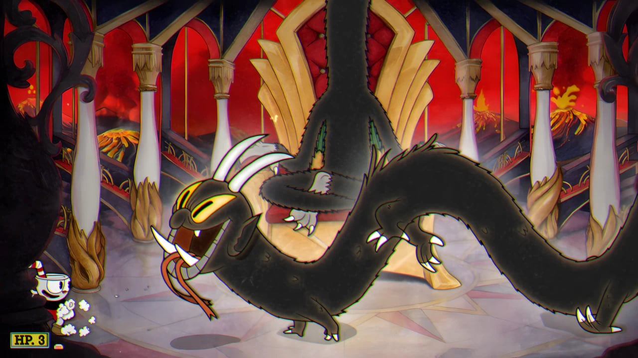 Cuphead battling The Devil in snake form boss fight transformation, high-frame rate 2D hand-drawn animation gameplay.