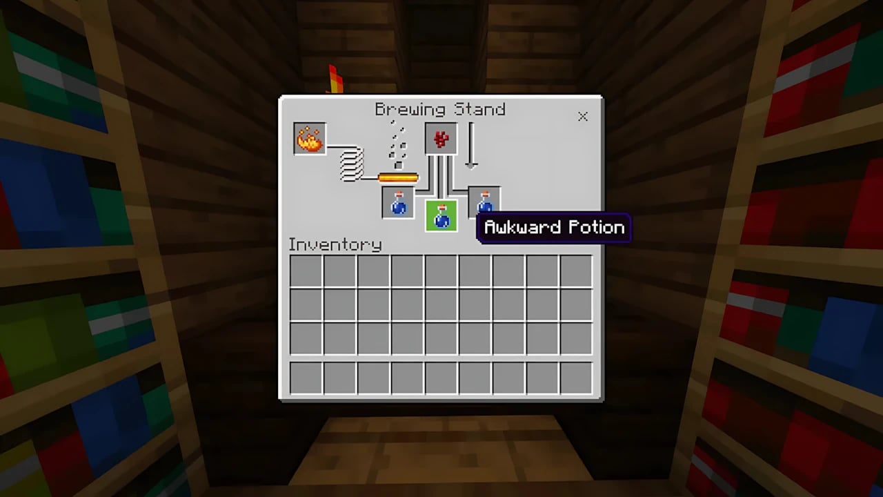 Minecraft Bedrock brewing stand UI showing awkward potion recipe with nether wart and glass bottles.