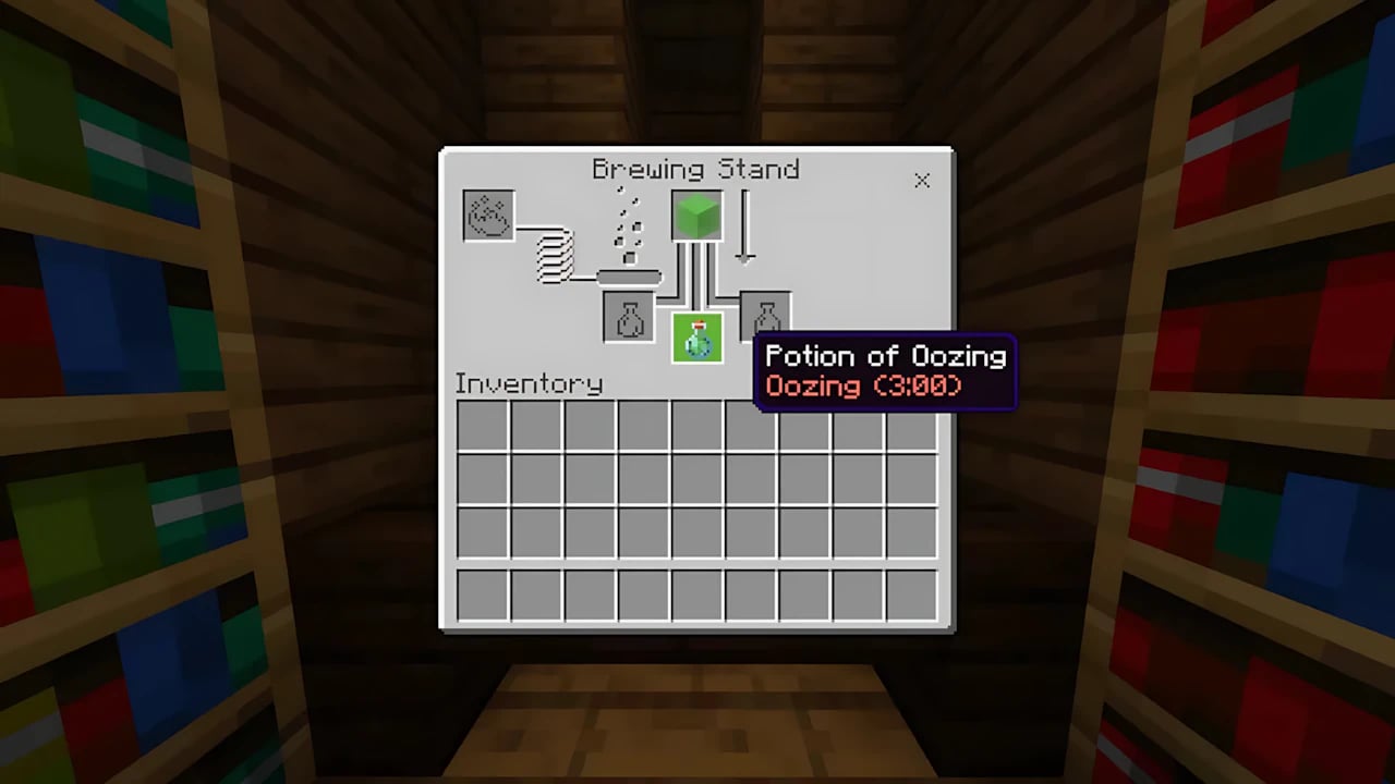 Minecraft Bedrock brewing guide showing Oozing Potion recipe using a Slime Block and Brewing Stand UI.