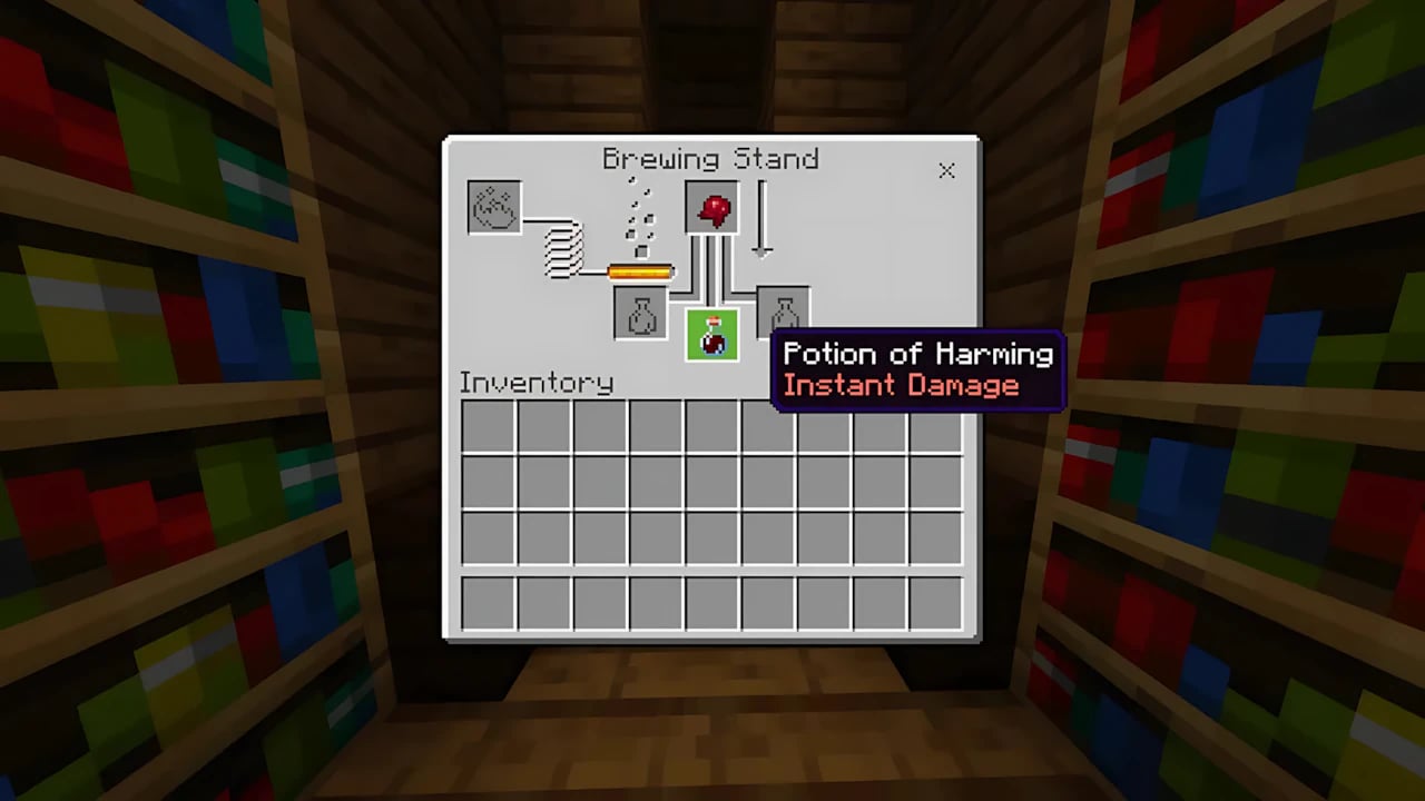 Minecraft Bedrock brewing stand UI showing Potion of Harming recipe with Fermented Spider Eye ingredient.