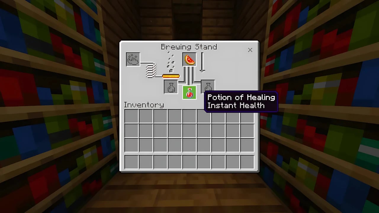 Minecraft Bedrock brewing guide showing Potion of Healing recipe with Glistering Melon Slice and Brewing Stand UI.