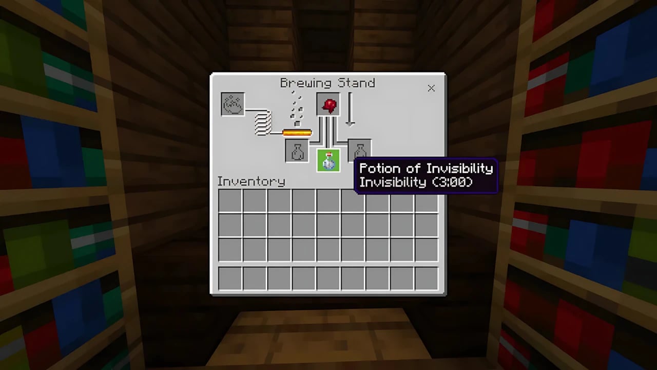 Minecraft Bedrock brewing stand UI showing Potion of Invisibility recipe with high-performance game graphics.