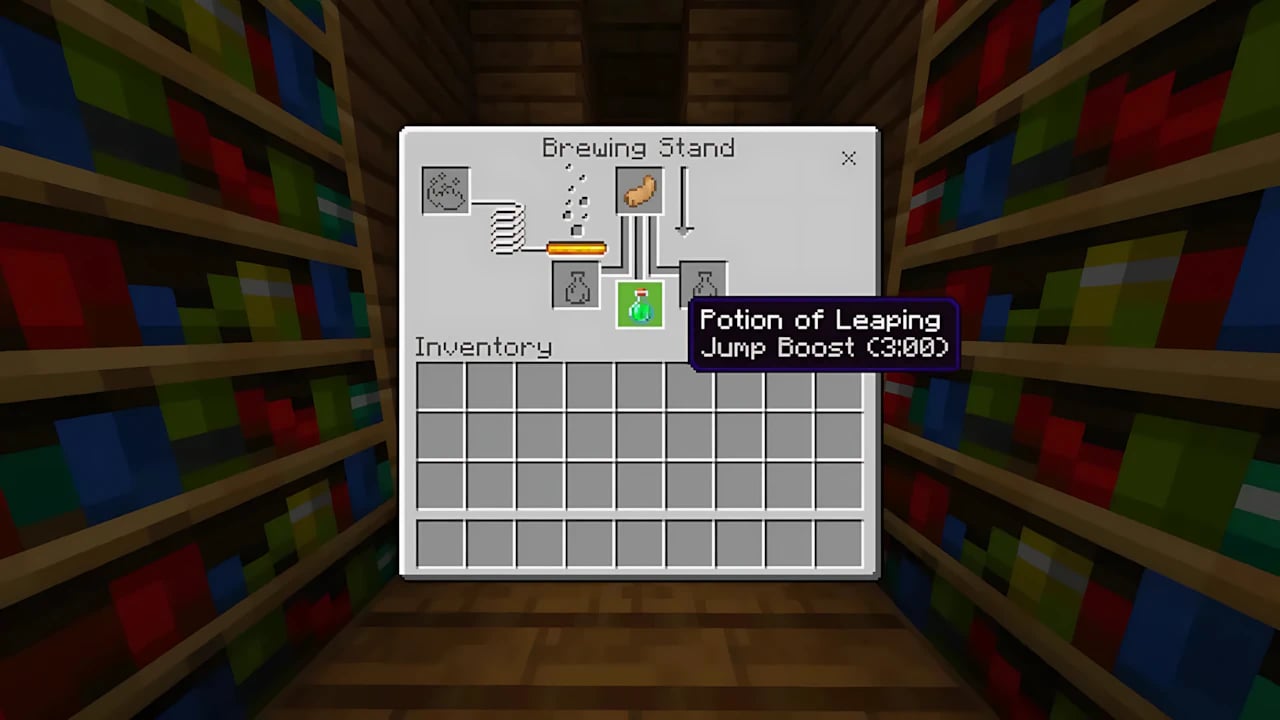 Minecraft Bedrock brewing stand GUI showing Potion of Leaping recipe with Rabbit's Foot and Blaze Powder fuel.