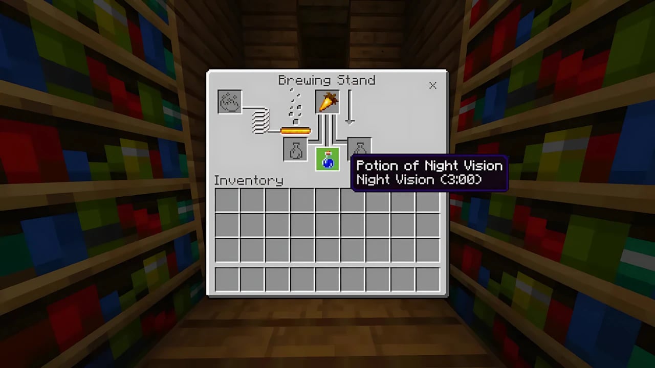 Minecraft Bedrock brewing UI showing ingredients for a Potion of Night Vision including Golden Carrot and Nether Wart.