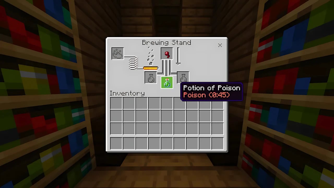 Minecraft Bedrock UI showing Brewing Stand recipe for Potion of Poison using Spider Eye and Blaze Powder fuel.