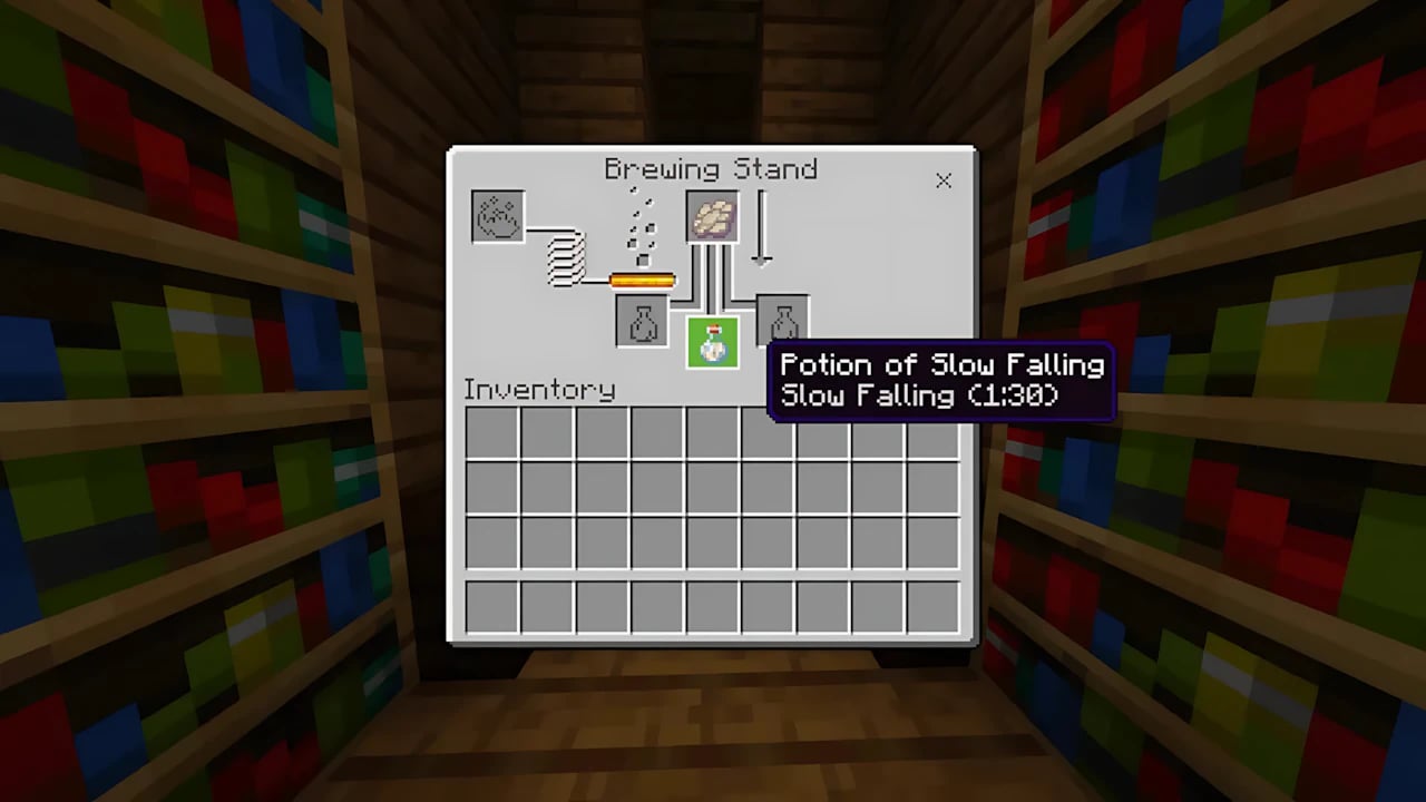 Minecraft Bedrock brewing guide showing Potion of Slow Falling recipe in Brewing Stand UI with Phantom Membrane.