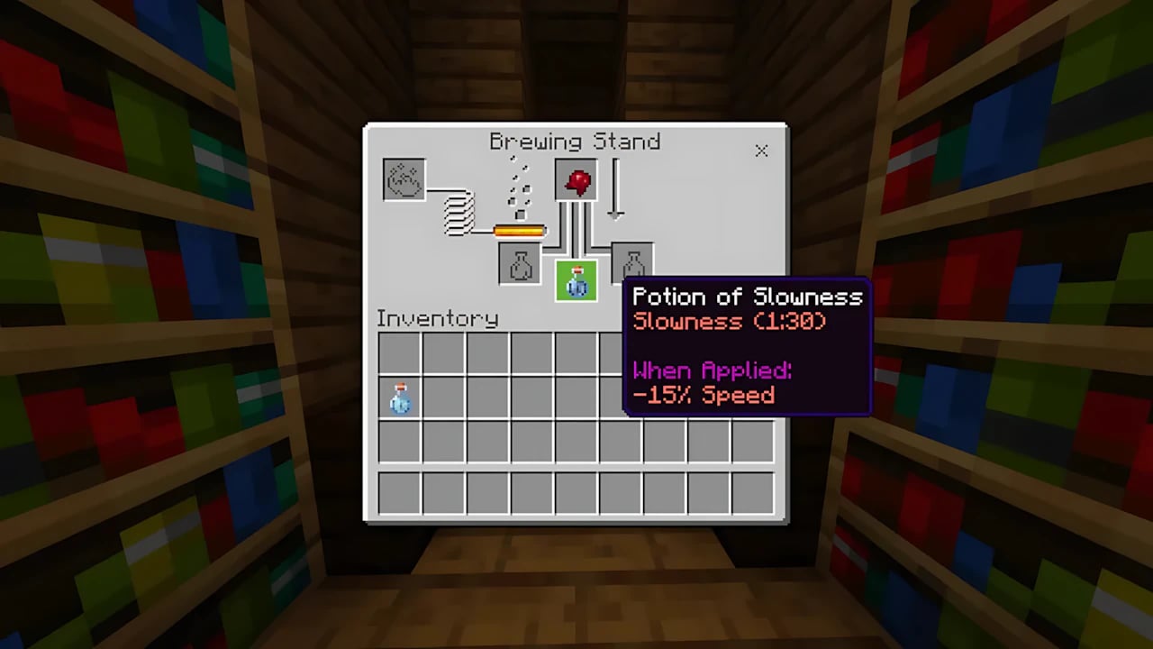 Minecraft Bedrock brewing guide for Potion of Slowness using Fermented Spider Eye in a Brewing Stand interface.