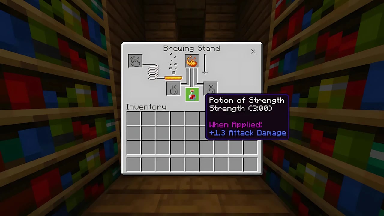 Minecraft Bedrock brewing stand UI showing how to brew a Potion of Strength with Blaze Powder and ingredient slots.