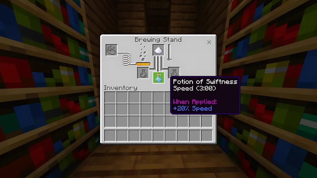 Minecraft Bedrock brewing guide for Potion of Swiftness showing Brewing Stand UI, sugar, and glass bottles.