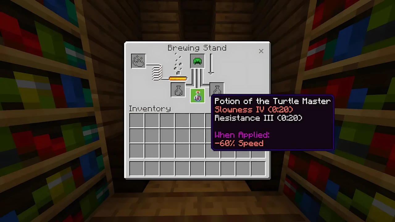 Minecraft Bedrock brewing recipe showing Potion of Turtle Master crafted with a Turtle Shell and Awkward Potion.