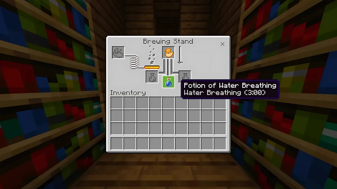 Minecraft Bedrock brewing stand UI showing Potion of Water Breathing recipe with Pufferfish and glass bottles.
