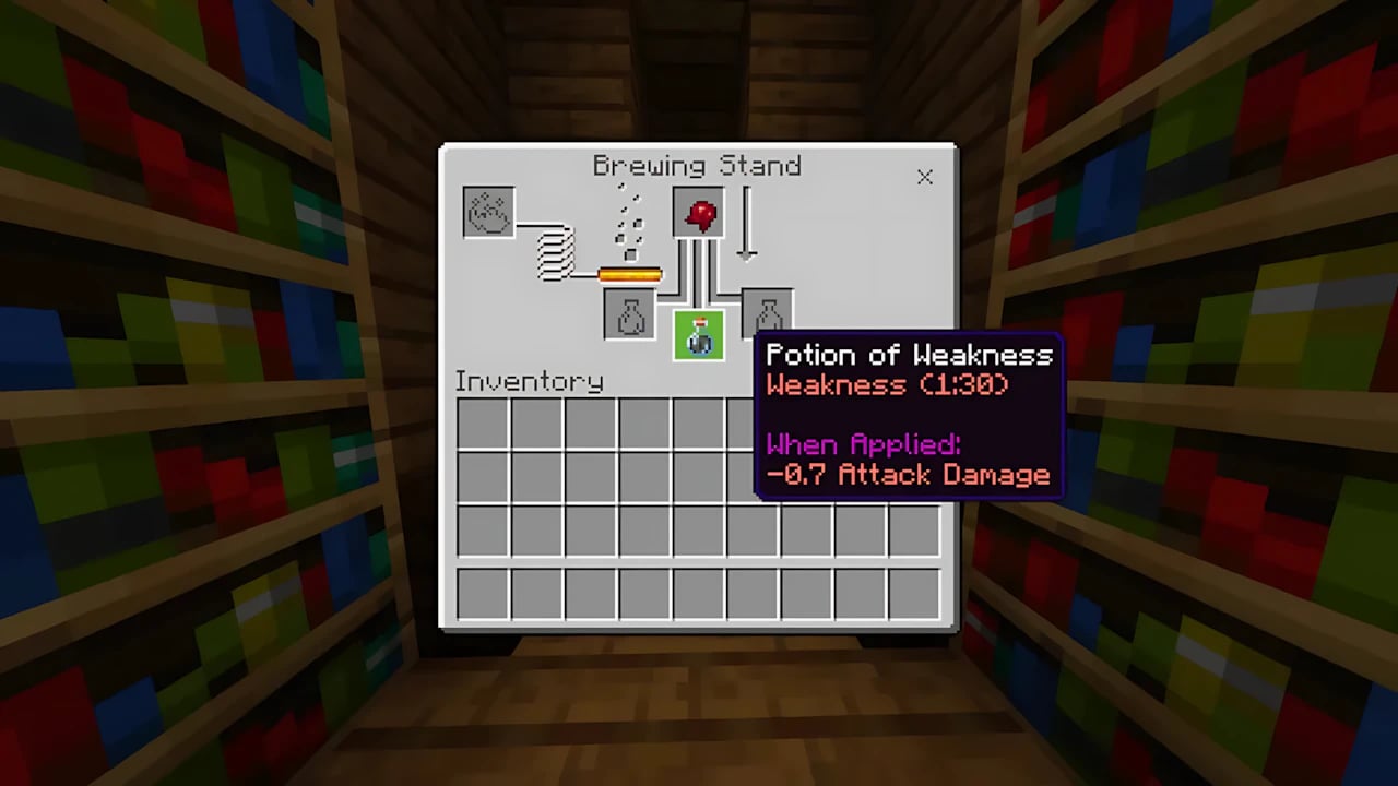 Minecraft Bedrock brewing stand UI showing Potion of Weakness recipe with Fermented Spider Eye ingredient.