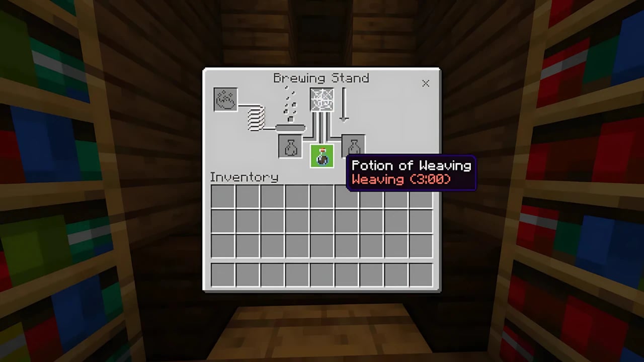 Minecraft Bedrock Brewing Stand GUI showing the Potion of Weaving recipe ingredients and inventory slots.