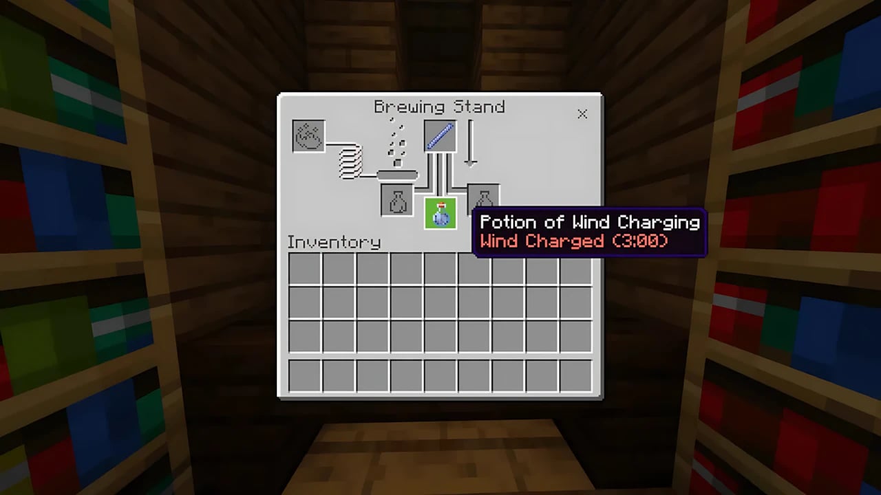 Minecraft Bedrock brewing stand UI showing a Breeze Rod and Awkward Potions to craft a Potion of Wind Charging.