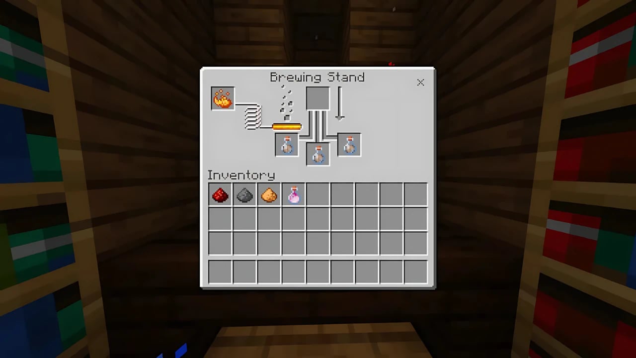 Minecraft Bedrock brewing guide showing redstone, glowstone, and gunpowder potion recipes for optimized gameplay.