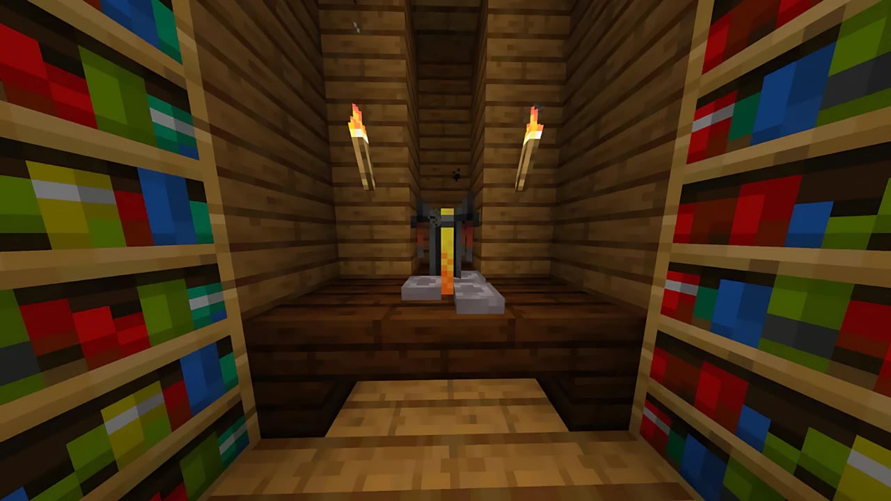 Minecraft Bedrock Edition brewing room featuring alchemy stands and glowing potions in a high-res gaming environment.