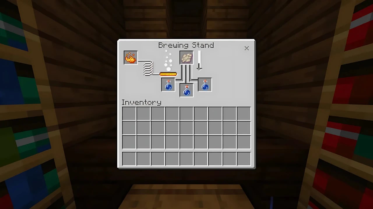Brewing a Potion of Slow Falling in Minecraft Bedrock Edition using a Brewing Stand and Phantom Membrane.