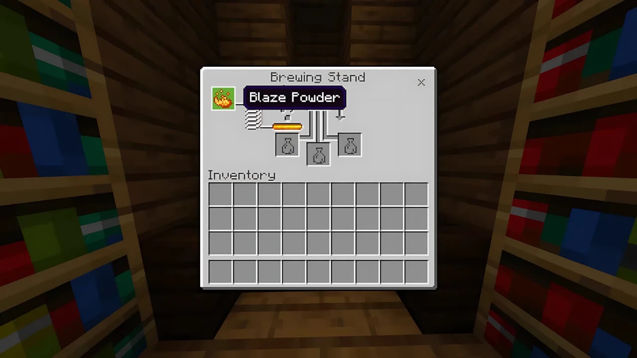 Minecraft Brewing Stand UI showing Blaze Powder fuel and potion ingredients for alchemical crafting in Bedrock Edition.