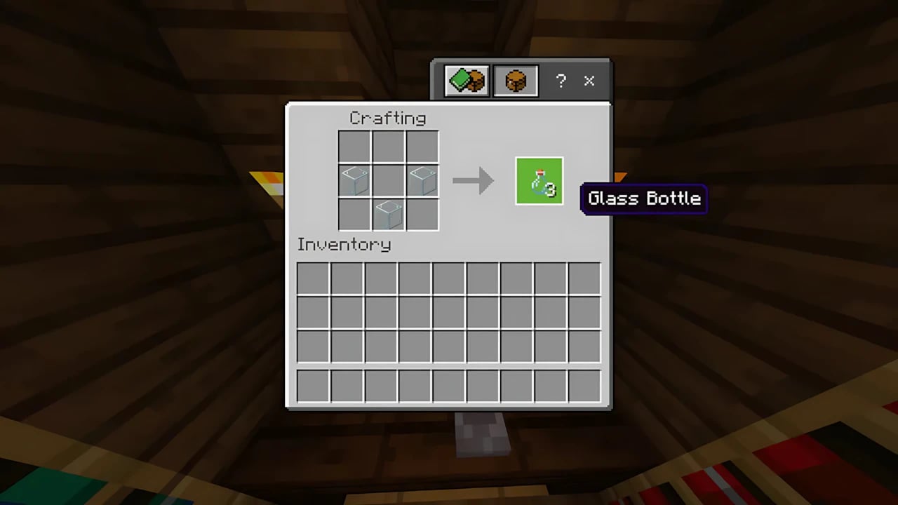 Minecraft Bedrock Glass Bottle crafting recipe in 3x3 grid for potion brewing tutorial on high-performance gaming UI.