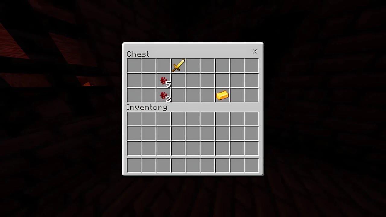 Minecraft Bedrock Nether loot chest UI displaying Fire Resistance potions and rare crafting materials for brewing.