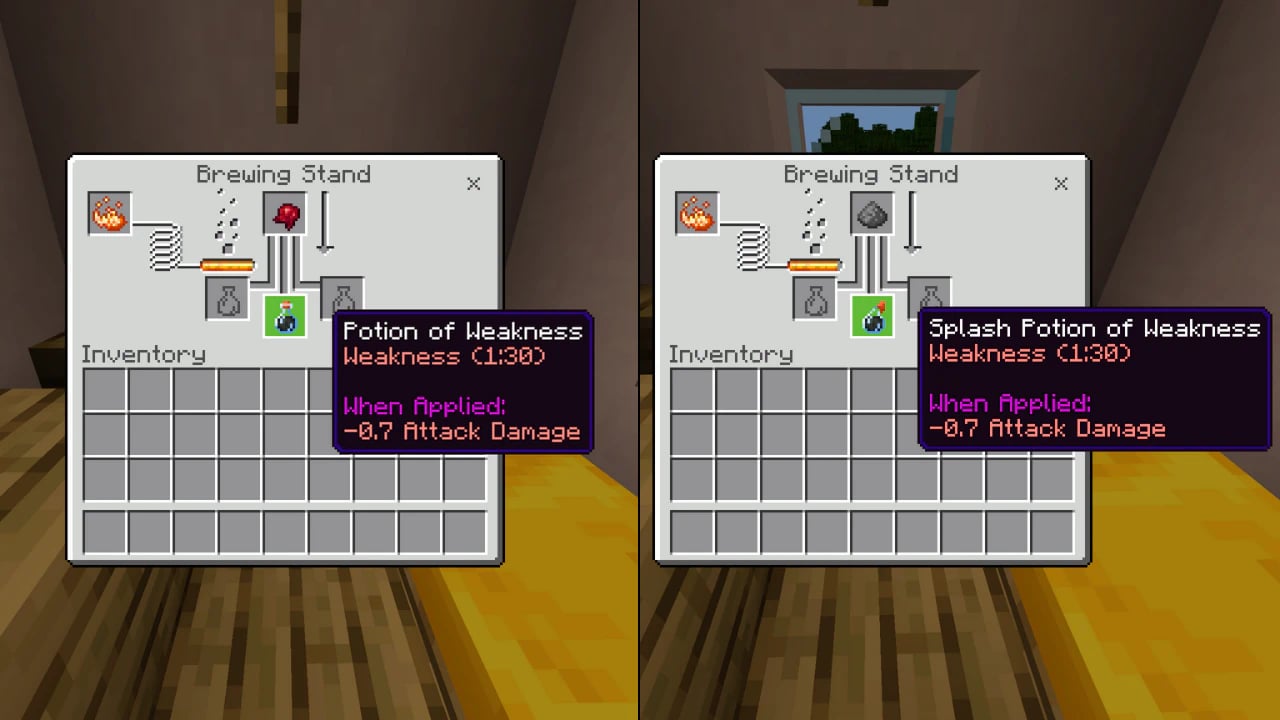 Minecraft brewing stand UI showing splash potion of weakness recipe for curing zombie villagers on PC.