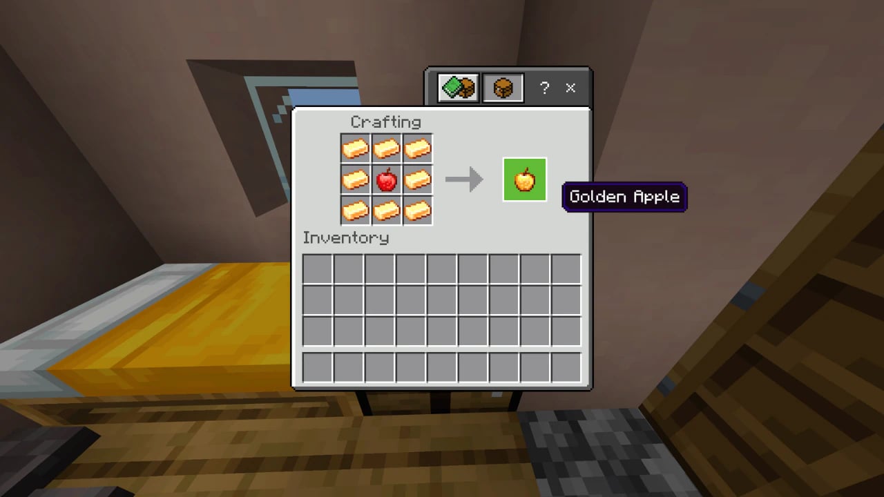 Minecraft Golden Apple crafting recipe guide showing 8 gold ingots and an apple in a 3x3 crafting grid.