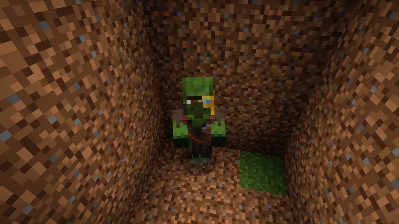 Curing a Minecraft zombie villager in a stone pit using a Golden Apple and Potion of Weakness for game progression.
