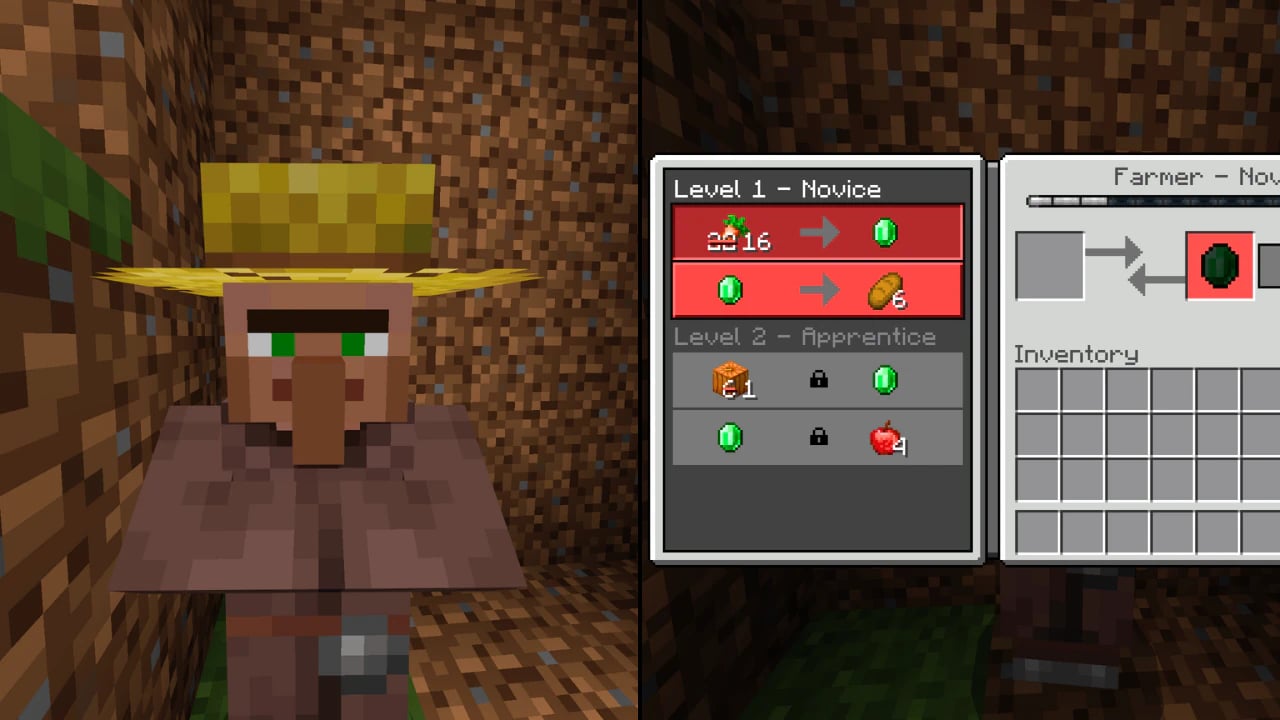 Minecraft Farmer Villager trading menu GUI showing emerald exchange options and novice level status.