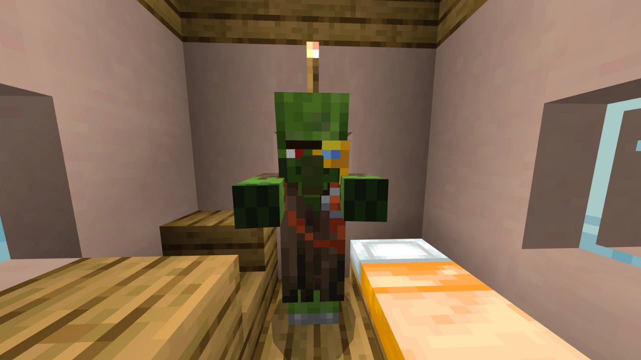 Minecraft zombie villager with monocle accessory in a low-light cave environment, showcasing survival game mechanics.