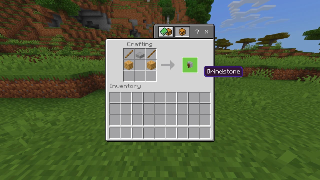 Minecraft grindstone crafting recipe guide showing sticks, stone slab, and wood planks in the 3x3 crafting grid.