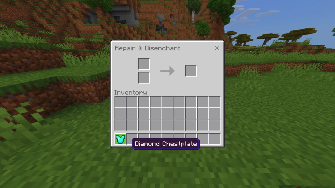 Minecraft UI showing a grindstone disenchanting a diamond axe for XP, highlighting game mechanics and item durability.