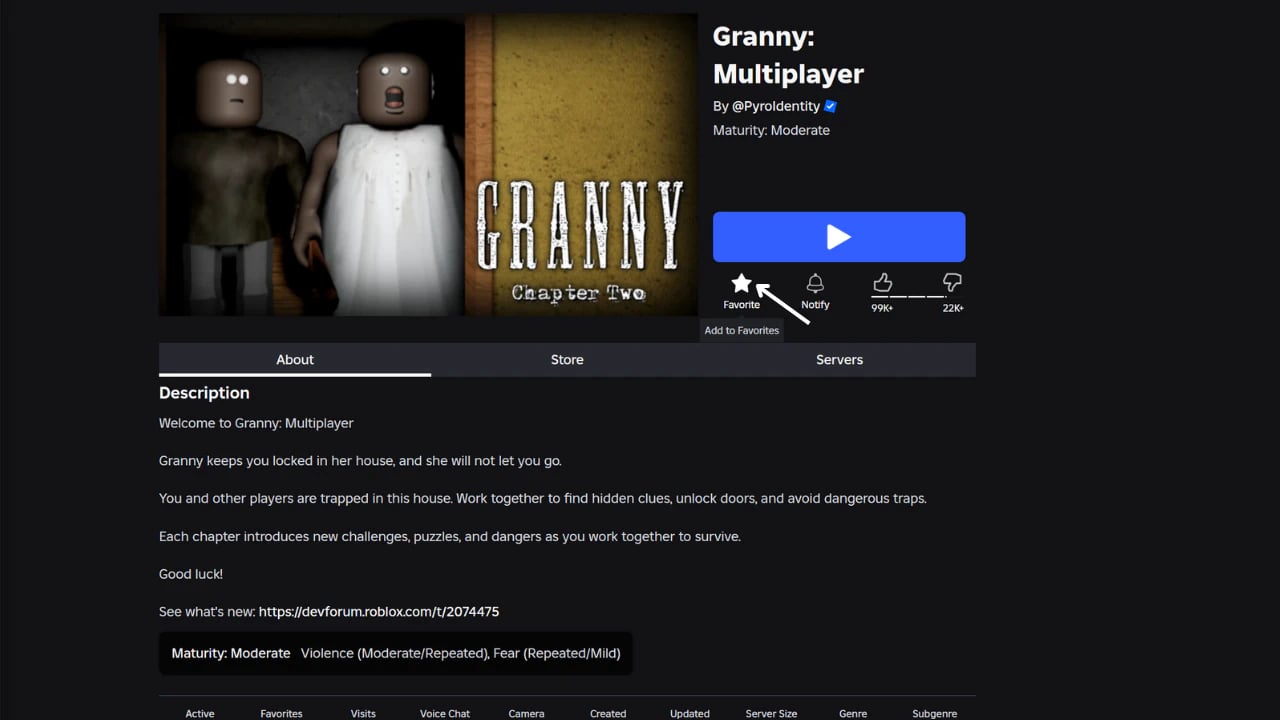 Roblox Granny Multiplayer game page UI highlighting the favorite star button for high-performance PC gaming.
