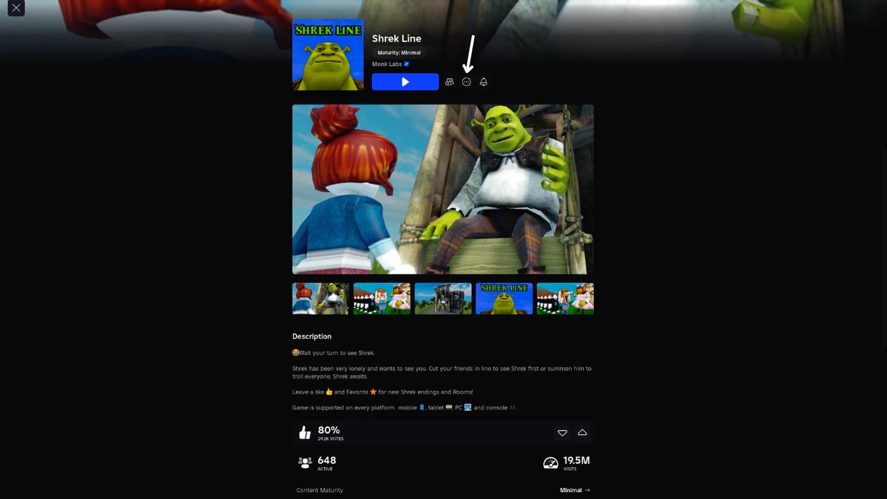 Roblox game page UI for Shrek in the Backrooms showing the favorite star icon and user statistics on a web dashboard.