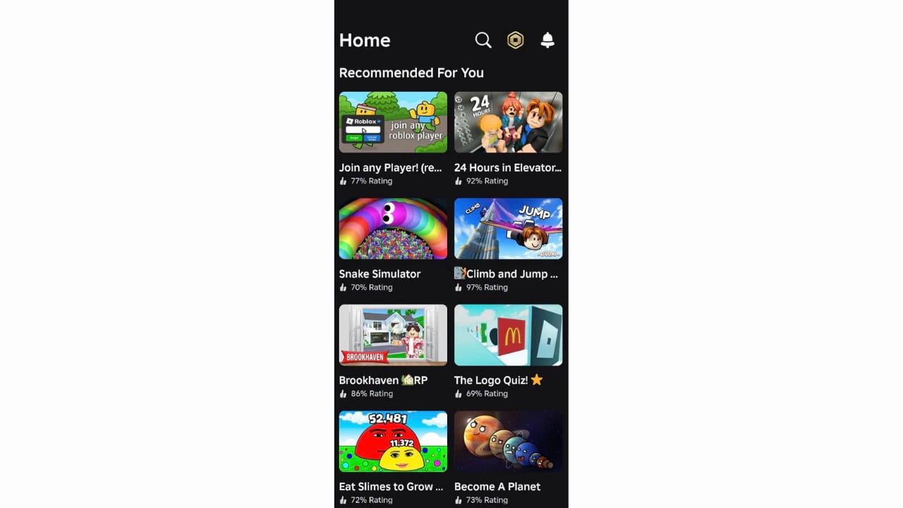 Roblox mobile app home screen UI on a smartphone showing game tiles and navigation icons for mobile gaming.