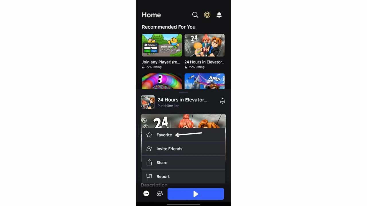 Roblox mobile app UI on a smartphone showing how to favorite games like Blox Fruits for high-performance mobile gaming.