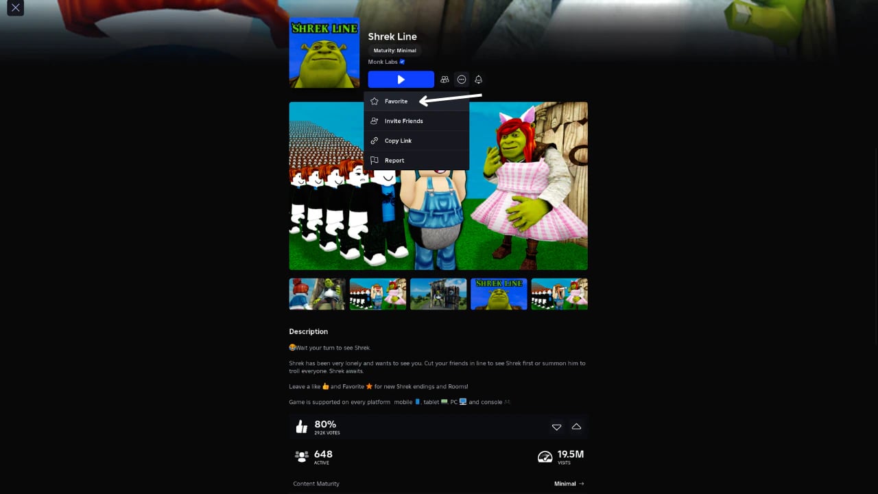 Roblox mobile interface showing how to favorite a game with the star icon and invite button on a game profile page.