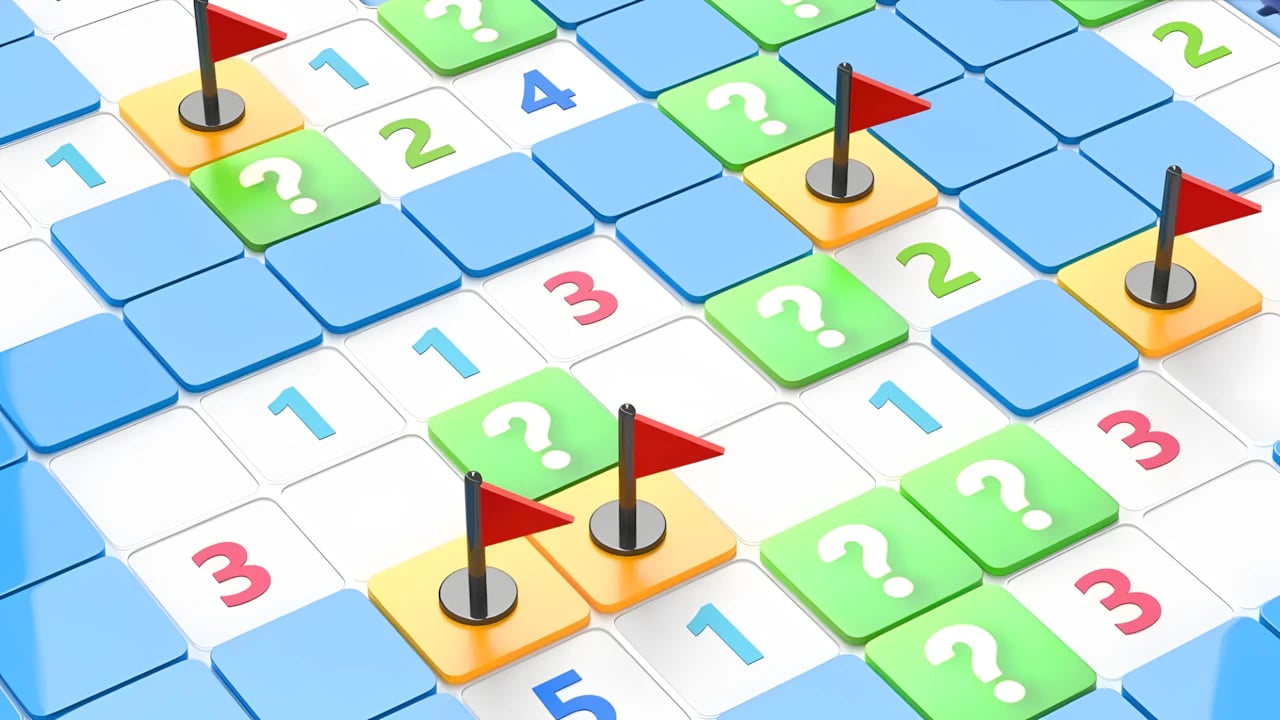 Modern Minesweeper game interface with colorful number tiles and red flags on a high-contrast dark mode background.