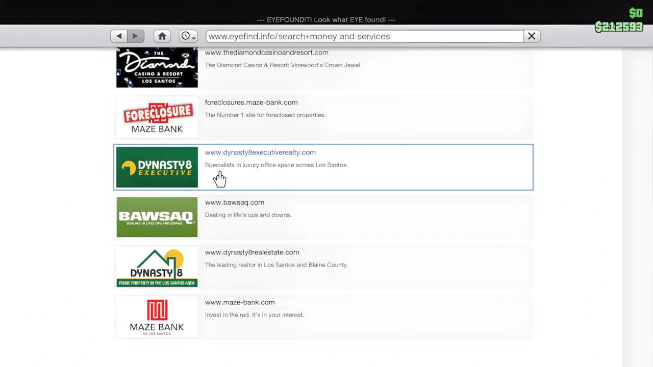 GTA 5 Online Dynasty 8 Executive Realty website showing Los Santos office property listings and map locations.