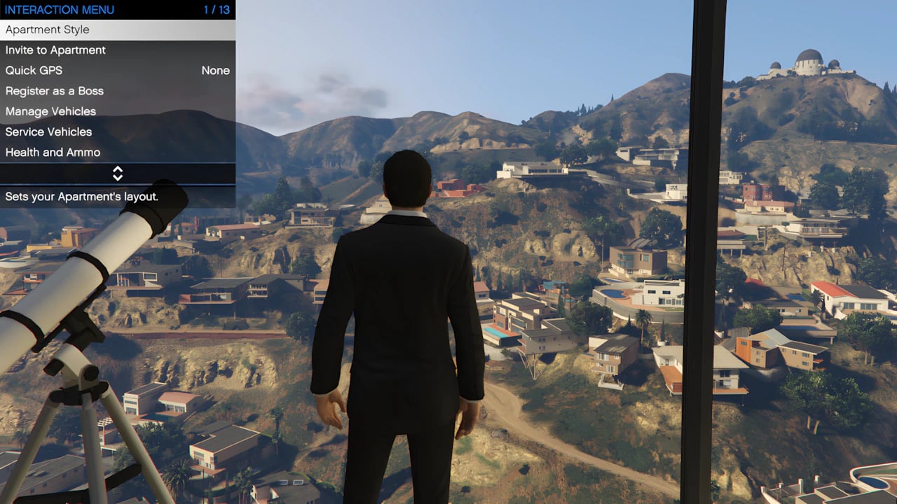 GTA 5 Online Interaction Menu showing Apartment Style customization options for high-end luxury penthouses.