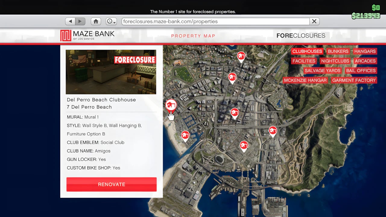 GTA 5 Online map showing Maze Bank Foreclosures clubhouse locations for registering as a motorcycle club boss.