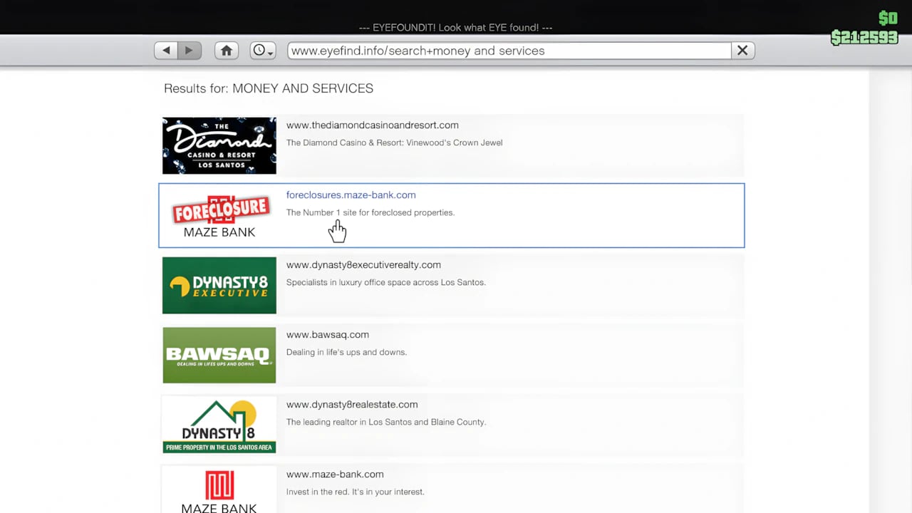 GTA 5 Online Maze Bank Foreclosures website UI showing Los Santos property map for CEO and VIP business registration.