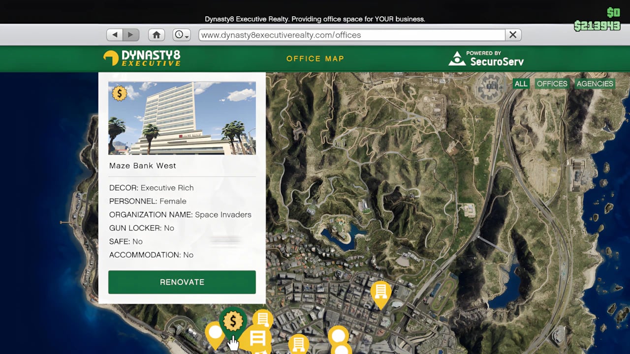 GTA 5 Online map showing Maze Bank West executive office location for CEO registration and property purchase.
