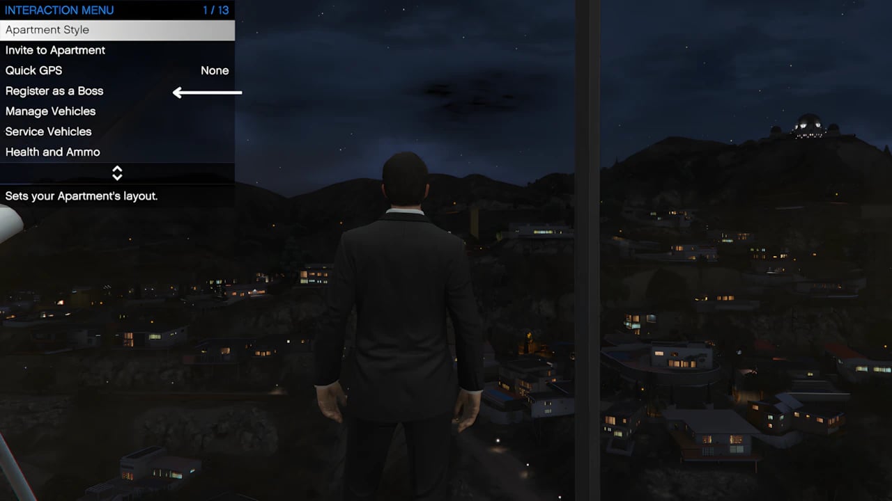 GTA 5 Online Interaction Menu night view in Los Santos for SecuroServ boss registration and CEO gameplay.