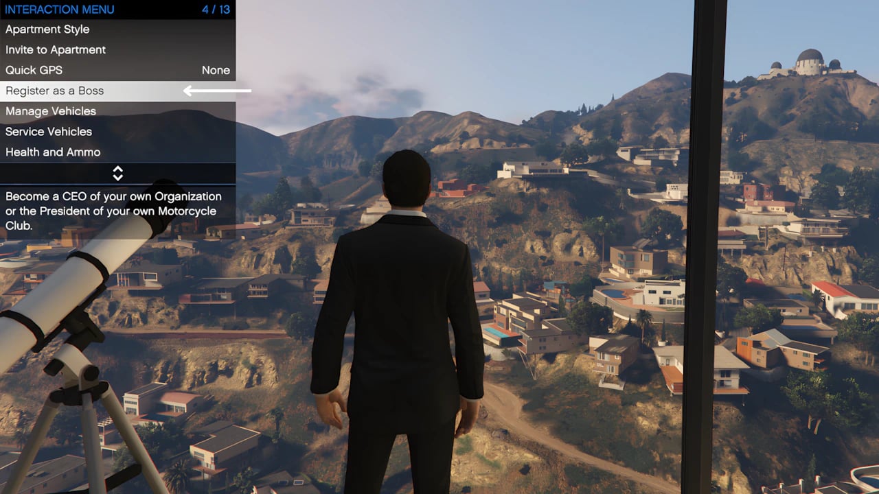 GTA 5 Online Interaction Menu showing Register as Boss SecuroServ CEO options for high-performance PC gaming.