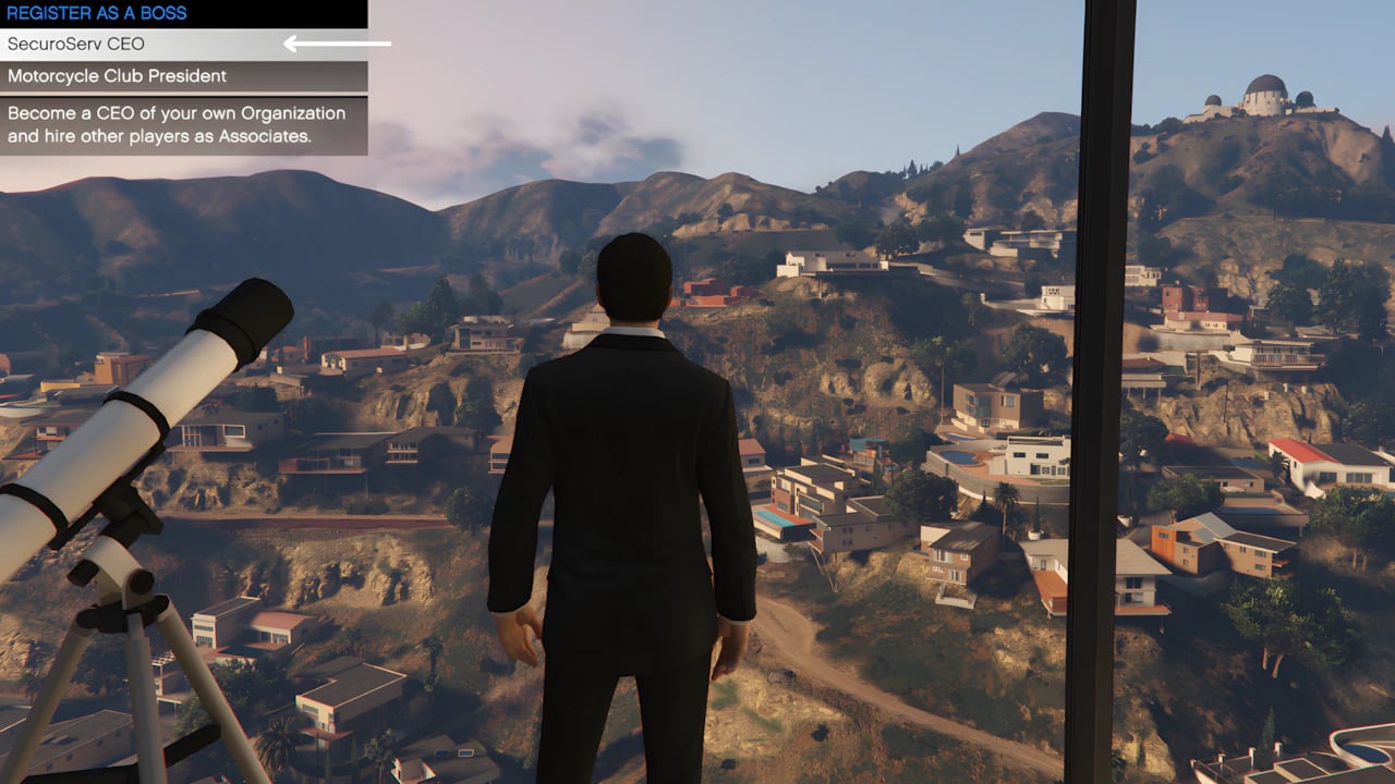 GTA 5 Online Interaction Menu showing how to register as a SecuroServ CEO boss on PC and high-end consoles.